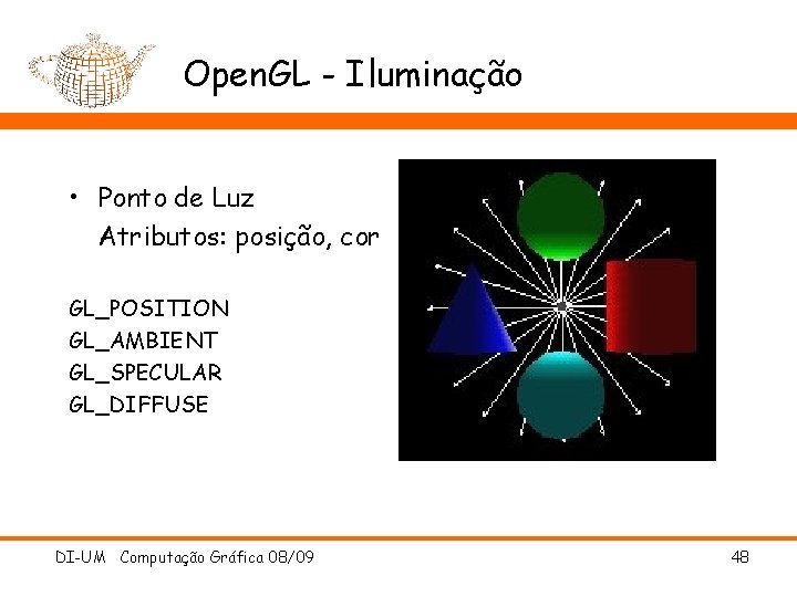 Open. GL - Iluminação • Ponto de Luz Atributos: posição, cor GL_POSITION GL_AMBIENT GL_SPECULAR