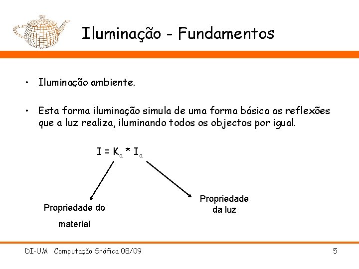 Iluminação - Fundamentos • Iluminação ambiente. • Esta forma iluminação simula de uma forma