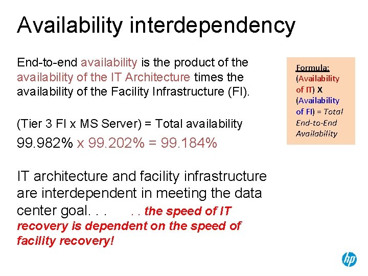 Availability interdependency End-to-end availability is the product of the availability of the IT Architecture