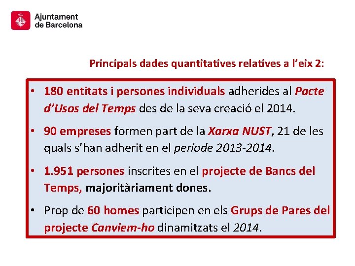 Principals dades quantitatives relatives a l’eix 2: • 180 entitats i persones individuals adherides