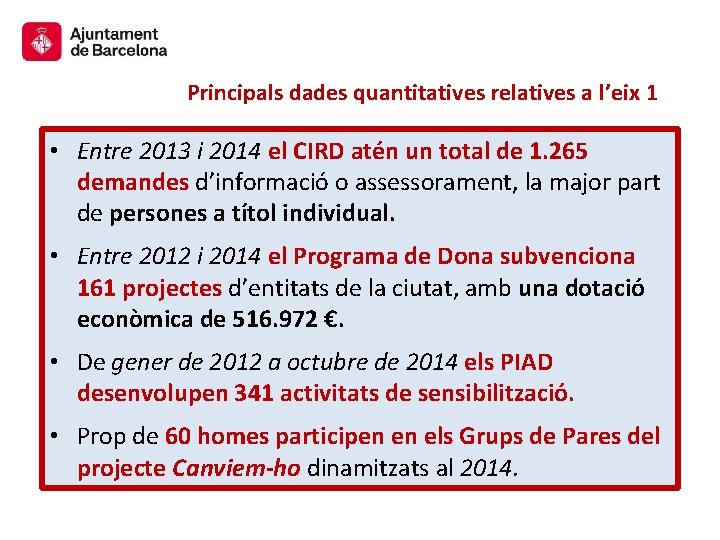 Principals dades quantitatives relatives a l’eix 1 • Entre 2013 i 2014 el CIRD