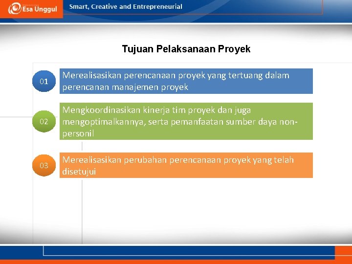 Tujuan Pelaksanaan Proyek 01 Merealisasikan perencanaan proyek yang tertuang dalam perencanan manajemen proyek 02