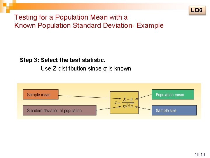 Testing for a Population Mean with a Known Population Standard Deviation- Example LO 6 Testing for a Population Mean with a Known Population Standard Deviation- Example LO 6
