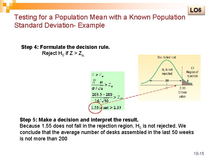 Testing for a Population Mean with a Known Population Standard Deviation- Example LO 6 Testing for a Population Mean with a Known Population Standard Deviation- Example LO 6