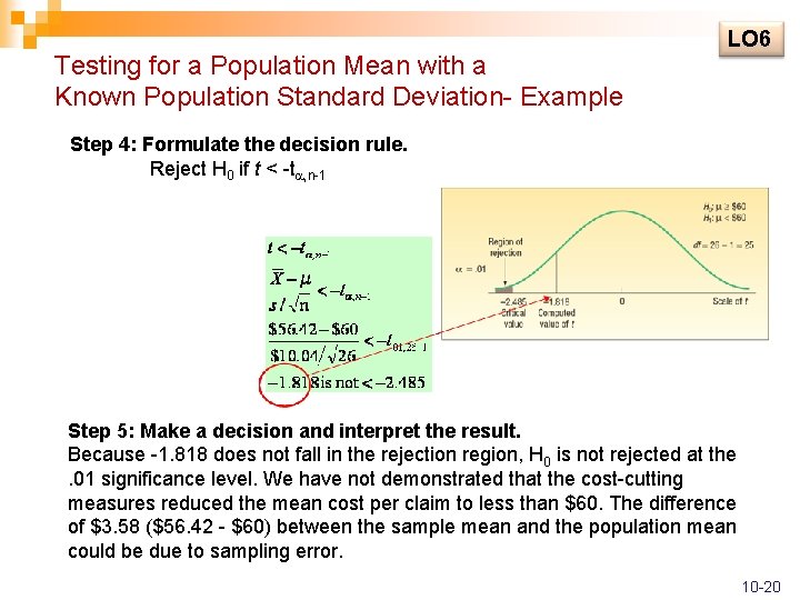 Testing for a Population Mean with a Known Population Standard Deviation- Example LO 6 Testing for a Population Mean with a Known Population Standard Deviation- Example LO 6