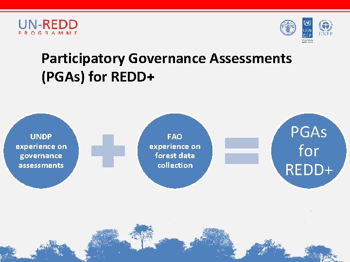 Participatory Governance Assessments (PGAs) for REDD+ UNDP experience on governance assessments FAO experience on