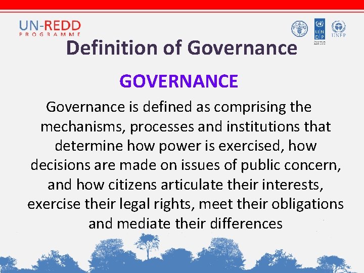 Definition of Governance GOVERNANCE Governance is defined as comprising the mechanisms, processes and institutions
