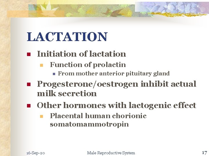 LACTATION n Initiation of lactation n Function of prolactin n From mother anterior pituitary