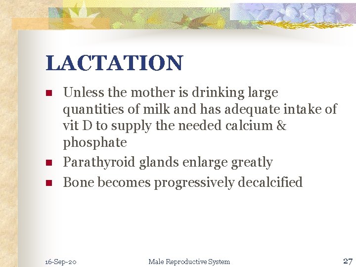 LACTATION n n n Unless the mother is drinking large quantities of milk and