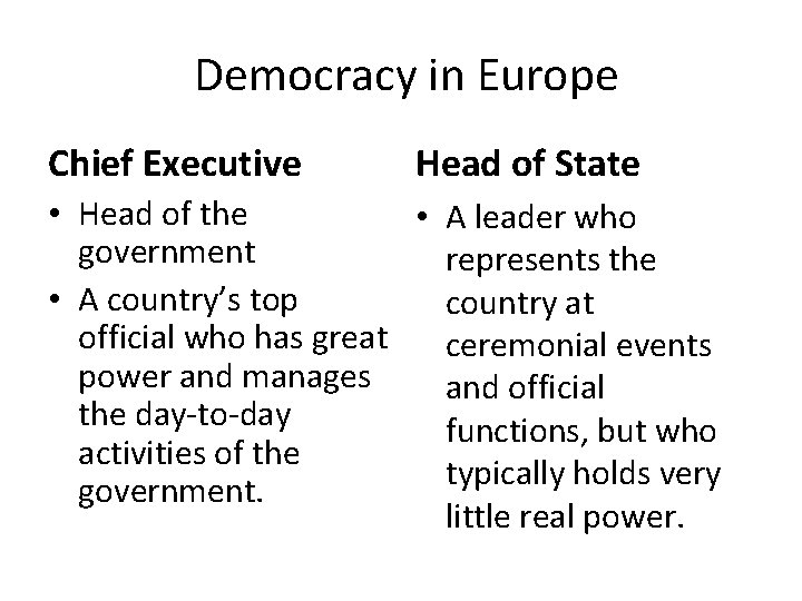 Democracy in Europe Chief Executive Head of State • Head of the • A