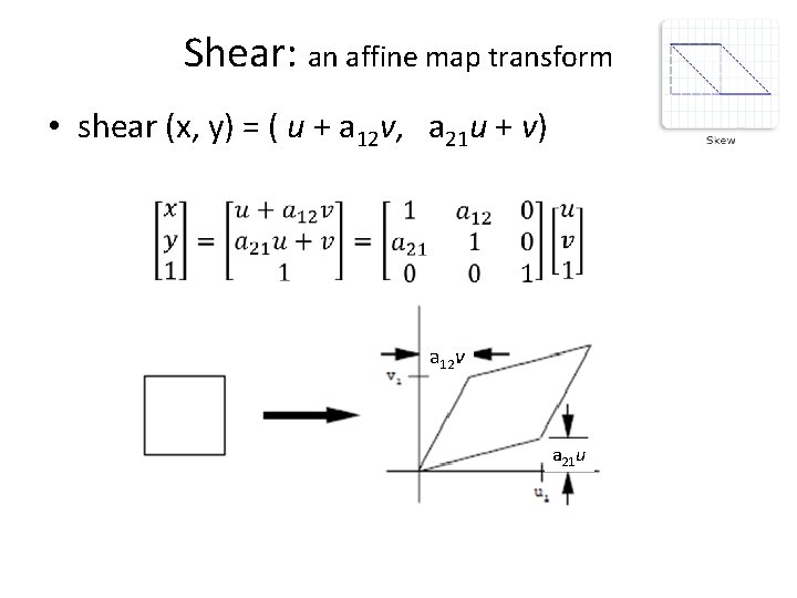 Shear: an affine map transform • shear (x, y) = ( u + a