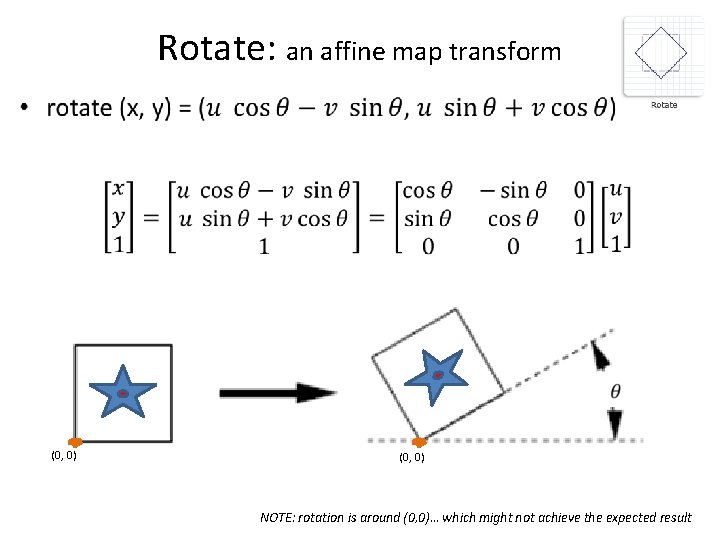 Rotate: an affine map transform • (0, 0) NOTE: rotation is around (0, 0)…
