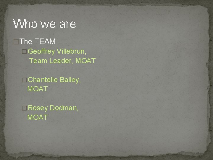Who we are �The TEAM � Geoffrey Villebrun, Team Leader, MOAT � Chantelle Bailey,