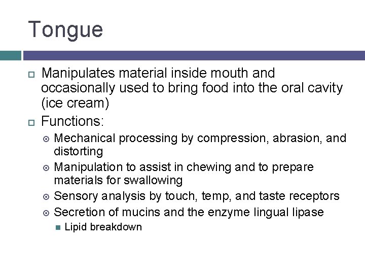 Tongue Manipulates material inside mouth and occasionally used to bring food into the oral