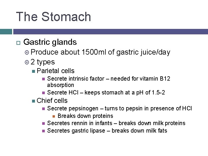 The Stomach Gastric glands Produce 2 about 1500 ml of gastric juice/day types Parietal