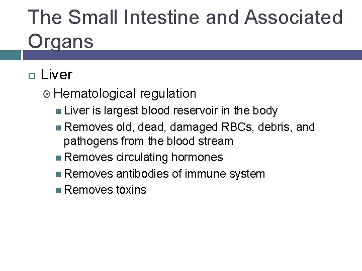The Small Intestine and Associated Organs Liver Hematological Liver regulation is largest blood reservoir
