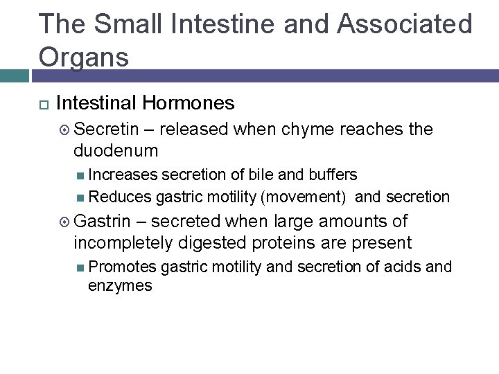 The Small Intestine and Associated Organs Intestinal Hormones Secretin – released when chyme reaches