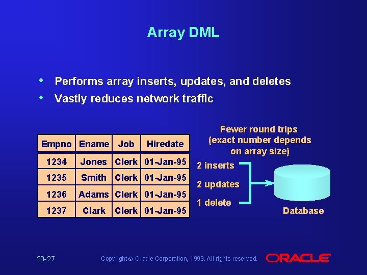 Array DML • • Performs array inserts, updates, and deletes Vastly reduces network traffic