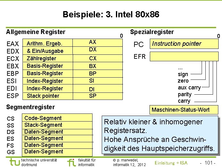 TU Dortmund Beispiele: 3. Intel 80 x 86 Allgemeine Register EAX EDX ECX EBP