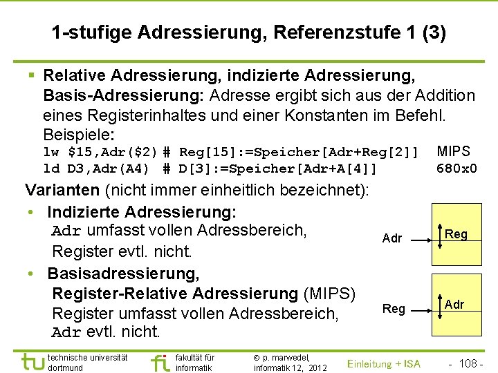 TU Dortmund 1 -stufige Adressierung, Referenzstufe 1 (3) § Relative Adressierung, indizierte Adressierung, Basis-Adressierung: