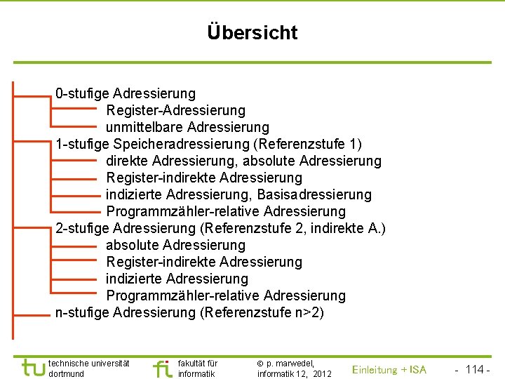 TU Dortmund Übersicht 0 -stufige Adressierung Register-Adressierung unmittelbare Adressierung 1 -stufige Speicheradressierung (Referenzstufe 1)