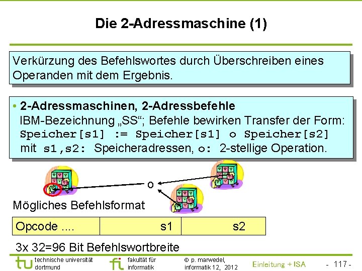 TU Dortmund Die 2 -Adressmaschine (1) Verkürzung des Befehlswortes durch Überschreiben eines Operanden mit