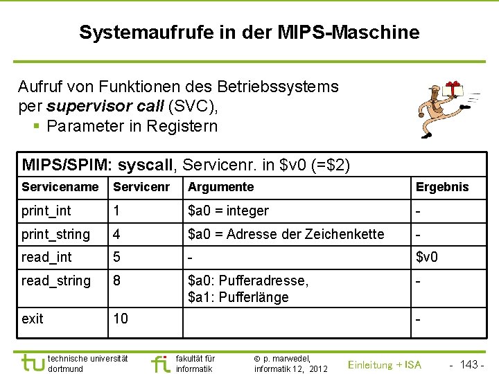 TU Dortmund Systemaufrufe in der MIPS-Maschine Aufruf von Funktionen des Betriebssystems per supervisor call