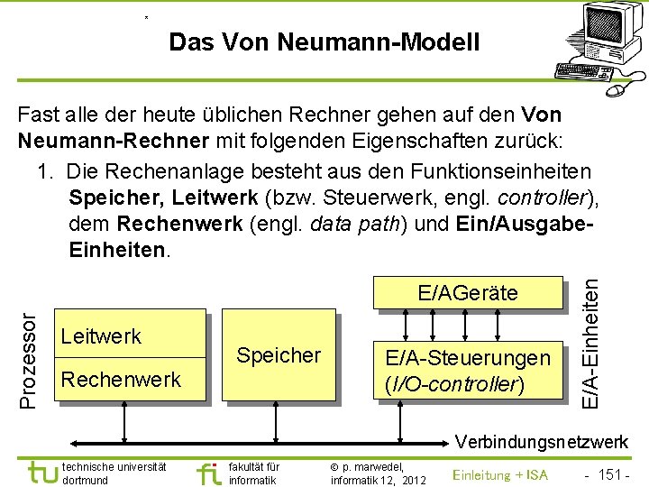 TU Dortmund * Das Von Neumann-Modell Prozessor E/AGeräte Leitwerk Speicher Rechenwerk E/A-Steuerungen (I/O-controller) E/A-Einheiten