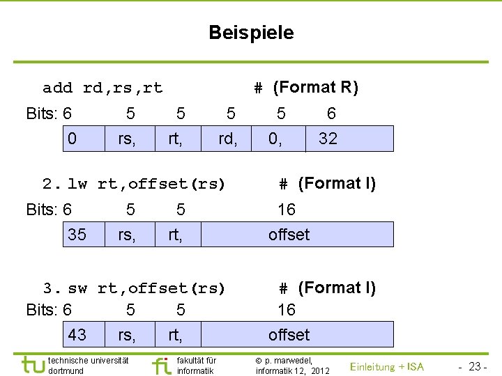 TU Dortmund Beispiele # (Format R) add rd, rs, rt Bits: 6 5 5