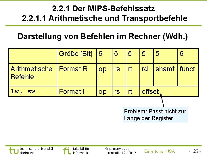 TU Dortmund 2. 2. 1 Der MIPS-Befehlssatz 2. 2. 1. 1 Arithmetische und Transportbefehle