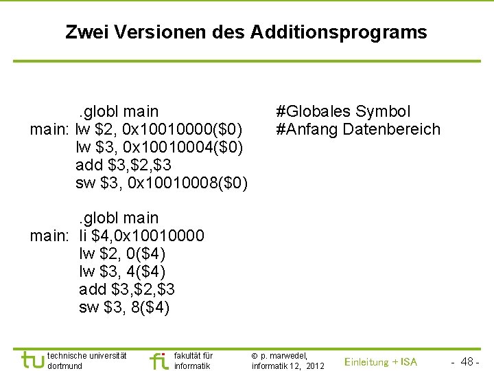 TU Dortmund Zwei Versionen des Additionsprograms . globl main: lw $2, 0 x 10010000($0)