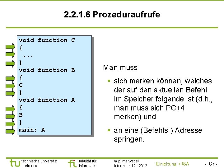 TU Dortmund 2. 2. 1. 6 Prozeduraufrufe void function C {. . . }