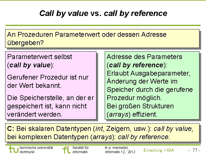 TU Dortmund Call by value vs. call by reference An Prozeduren Parameterwert oder dessen