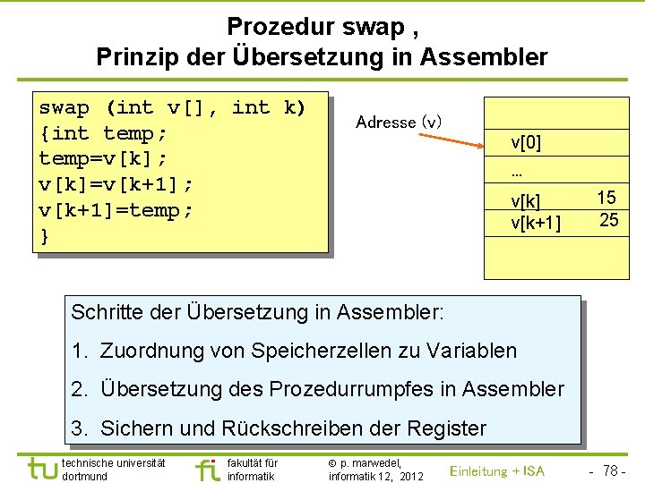 TU Dortmund Prozedur swap , Prinzip der Übersetzung in Assembler swap (int v[], int