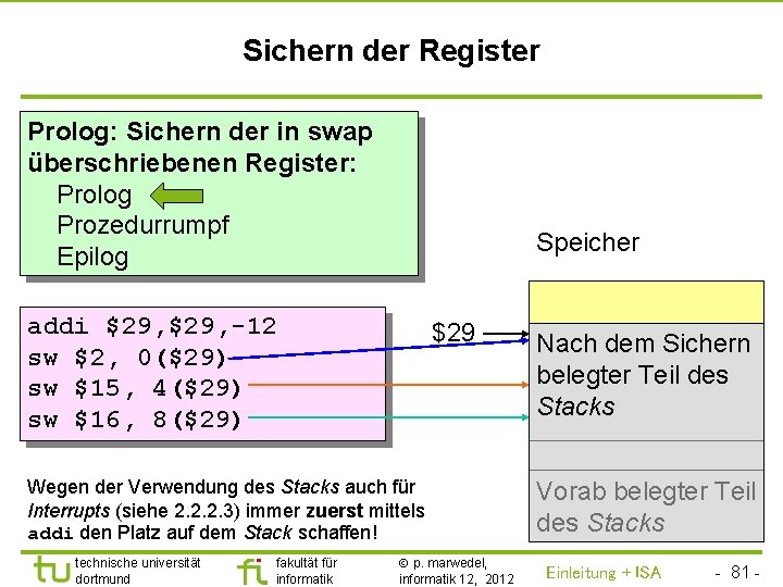TU Dortmund Sichern der Register Prolog: Sichern der in swap überschriebenen Register: Prolog Prozedurrumpf
