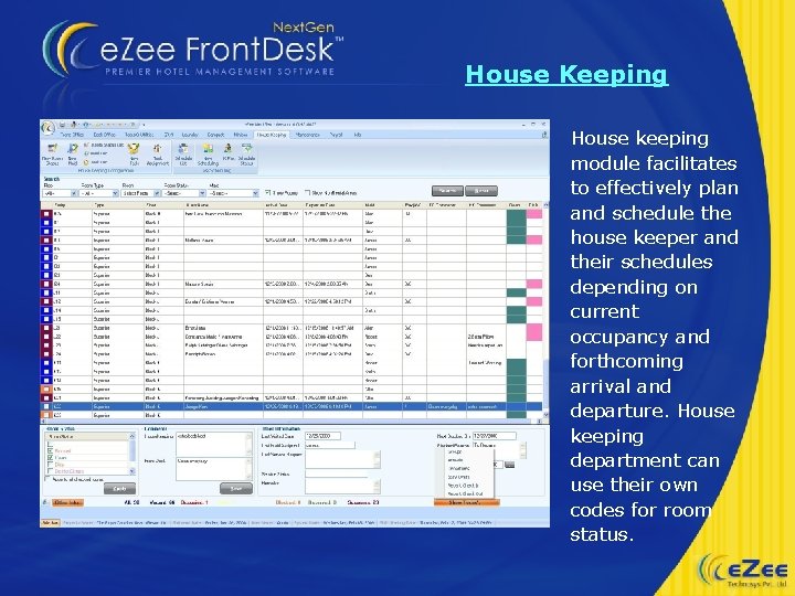 House Keeping House keeping module facilitates to effectively plan and schedule the house keeper