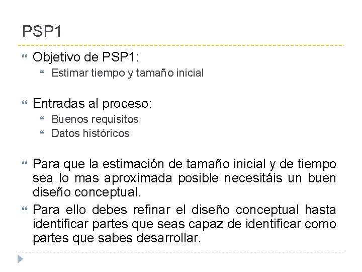 PSP 1 Objetivo de PSP 1: Entradas al proceso: Estimar tiempo y tamaño inicial