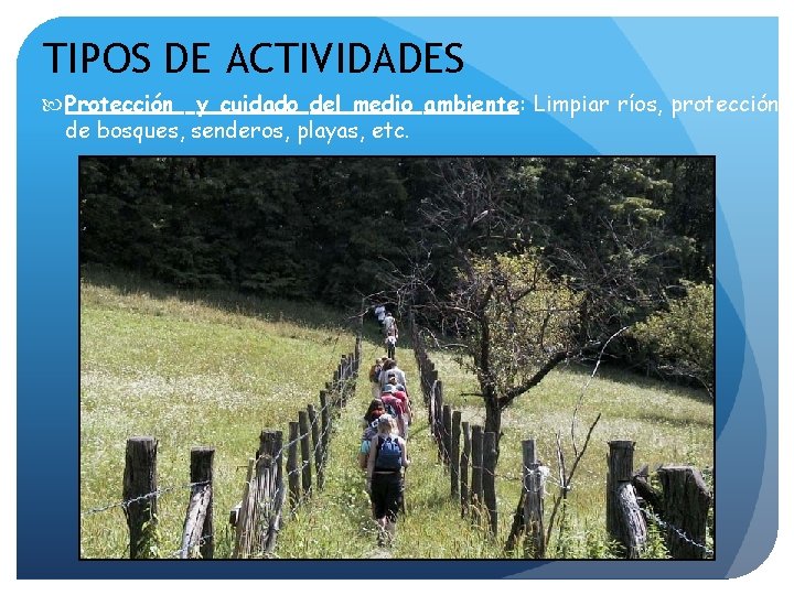 TIPOS DE ACTIVIDADES Protección y cuidado del medio ambiente: Limpiar ríos, protección de bosques,