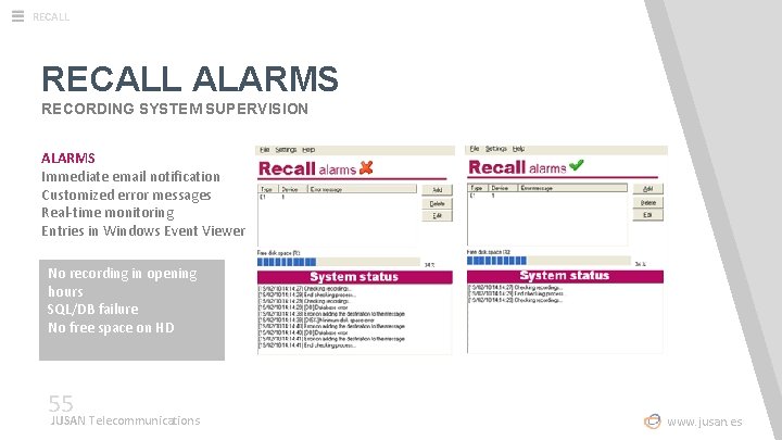 RECALL ALARMS RECORDING SYSTEM SUPERVISION ALARMS Immediate email notification Customized error messages Real-time monitoring