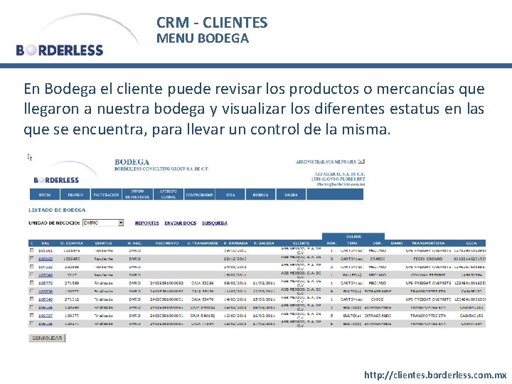 CRM - CLIENTES MENU BODEGA En Bodega el cliente puede revisar los productos o