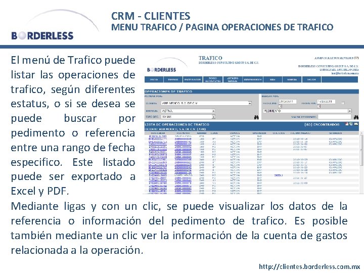 CRM - CLIENTES MENU TRAFICO / PAGINA OPERACIONES DE TRAFICO El menú de Trafico