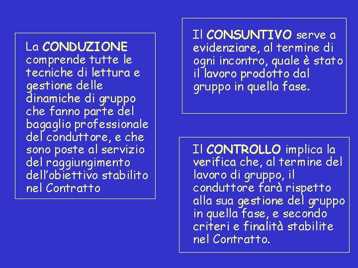 La CONDUZIONE comprende tutte le tecniche di lettura e gestione delle dinamiche di gruppo