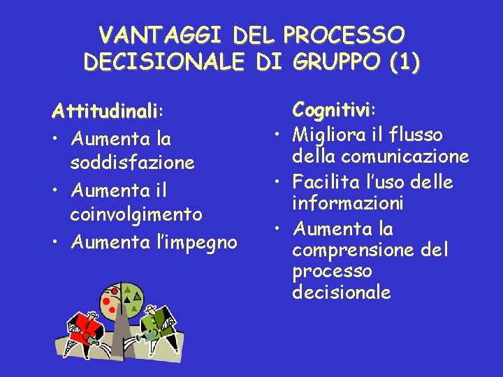 VANTAGGI DEL PROCESSO DECISIONALE DI GRUPPO (1) Attitudinali: Attitudinali • Aumenta la soddisfazione •