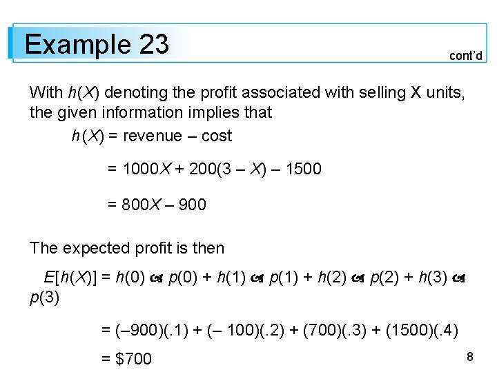 Example 23 cont’d With h (X) denoting the profit associated with selling X units,