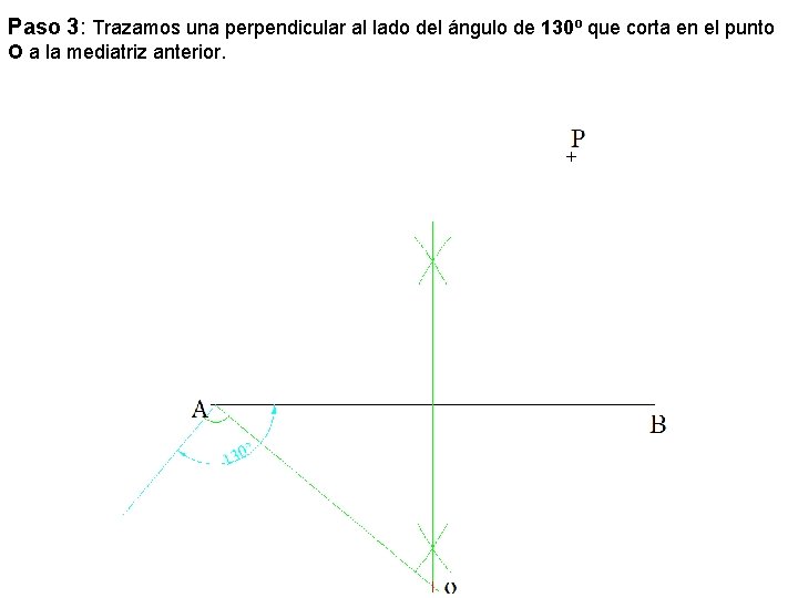 Paso 3: Trazamos una perpendicular al lado del ángulo de 130º que corta en