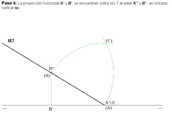 Paso 4. La proyección horizontal A’ y B’, se encuentran sobre la LT al