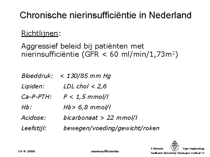 Chronische nierinsufficiëntie in Nederland Richtlijnen: Aggressief beleid bij patiënten met nierinsufficiëntie (GFR < 60