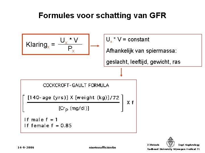 Formules voor schatting van GFR Ux * V Klaringx = Px Ux * V