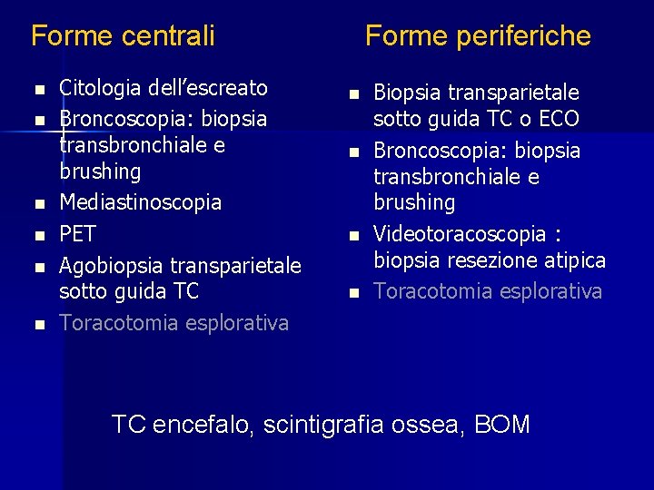 Forme centrali n n n Citologia dell’escreato Broncoscopia: biopsia transbronchiale e brushing Mediastinoscopia PET
