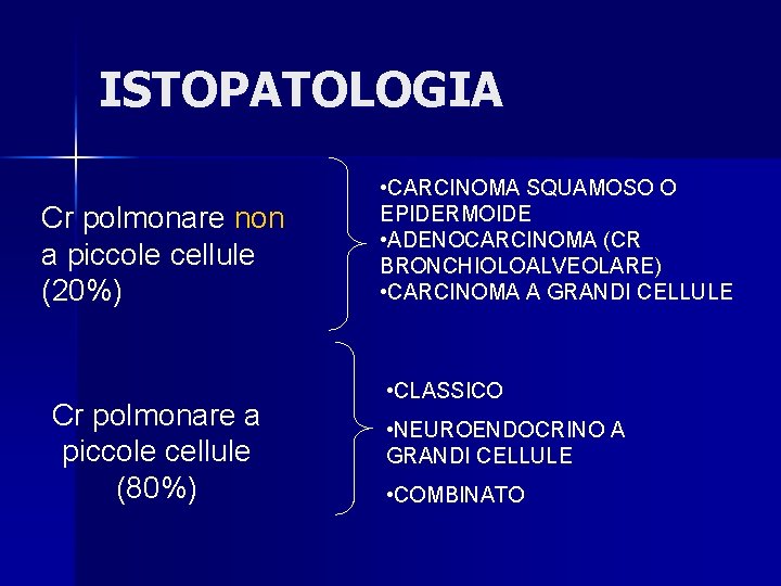 ISTOPATOLOGIA Cr polmonare non a piccole cellule (20%) Cr polmonare a piccole cellule (80%)